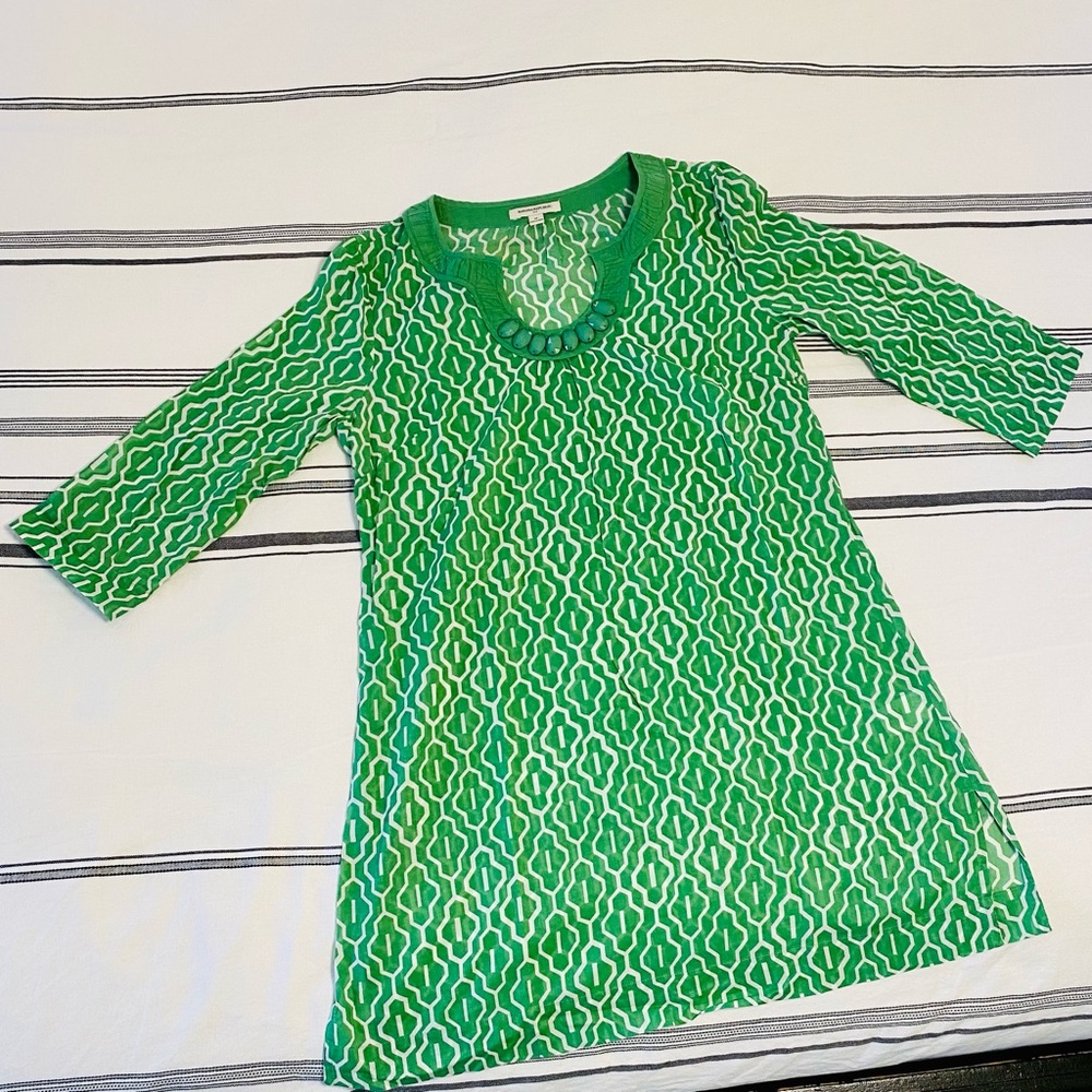 Banana Republic Cotton Swimsuit Coverup Green Geo Print Beaded Neckline M